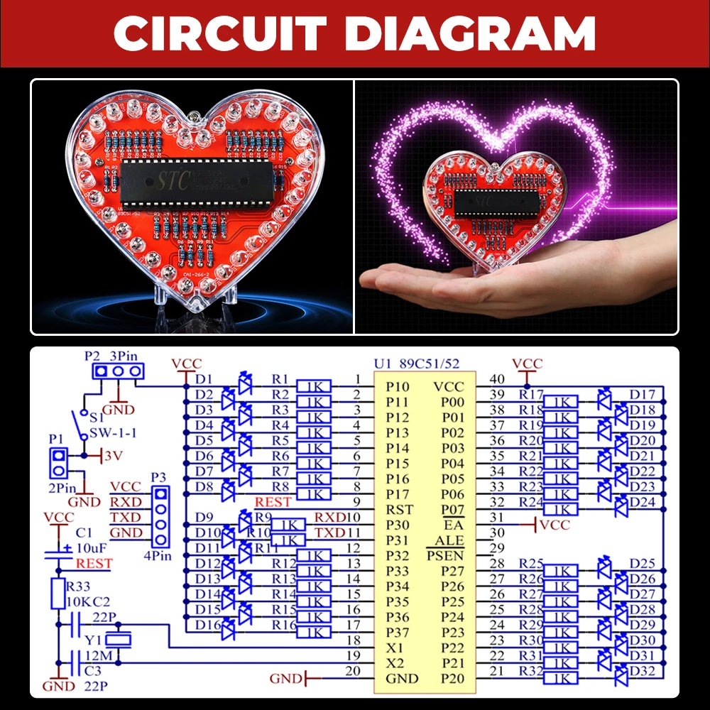 LED Heart-Shaped Flow Light DIY Electronic Kit with 32 Colorful LED Lights DIY Soldering Practice Kit Battery Powered