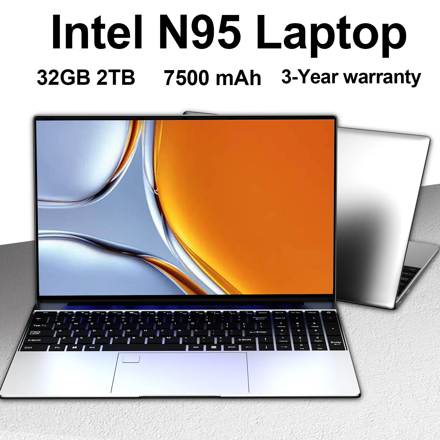 Przenośny laptop Intel N95 15,6 cala 7500 mAh 32 GB pamięci RAM DDR4 2 TB SSD Windows 11 Notebook PC Gamer z podświetlanym czytnikiem linii papilarnych