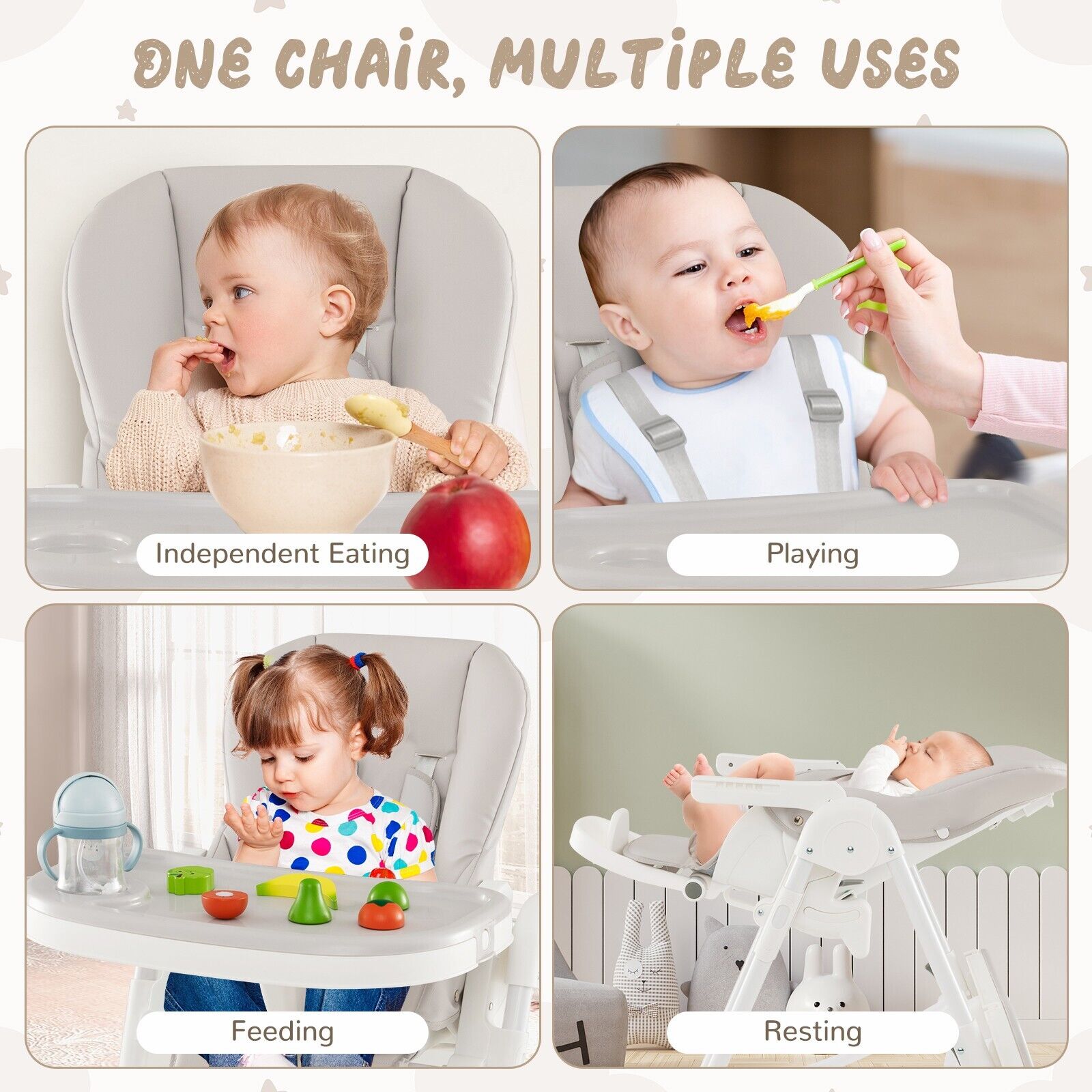 GOFLAME Folding Baby High Chair Adjustable Convertible High Chair W/ Detachable Cushion