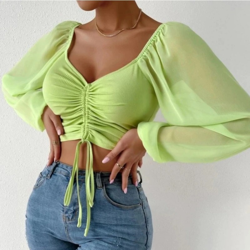 Sexy Vrouwen Mesh Lantaarn Mouwen Trekkoord Wrap Borst Blote Middenrif T-shirt Vrouwen Lange Mouwen Dieptepunt