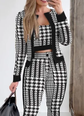 Conjuntos de trajes para mujer, conjunto de 3 piezas con estampado a cuadros, Top corto y pantalones con abrigo, conjunto informal elegante a la moda para mujer 2024