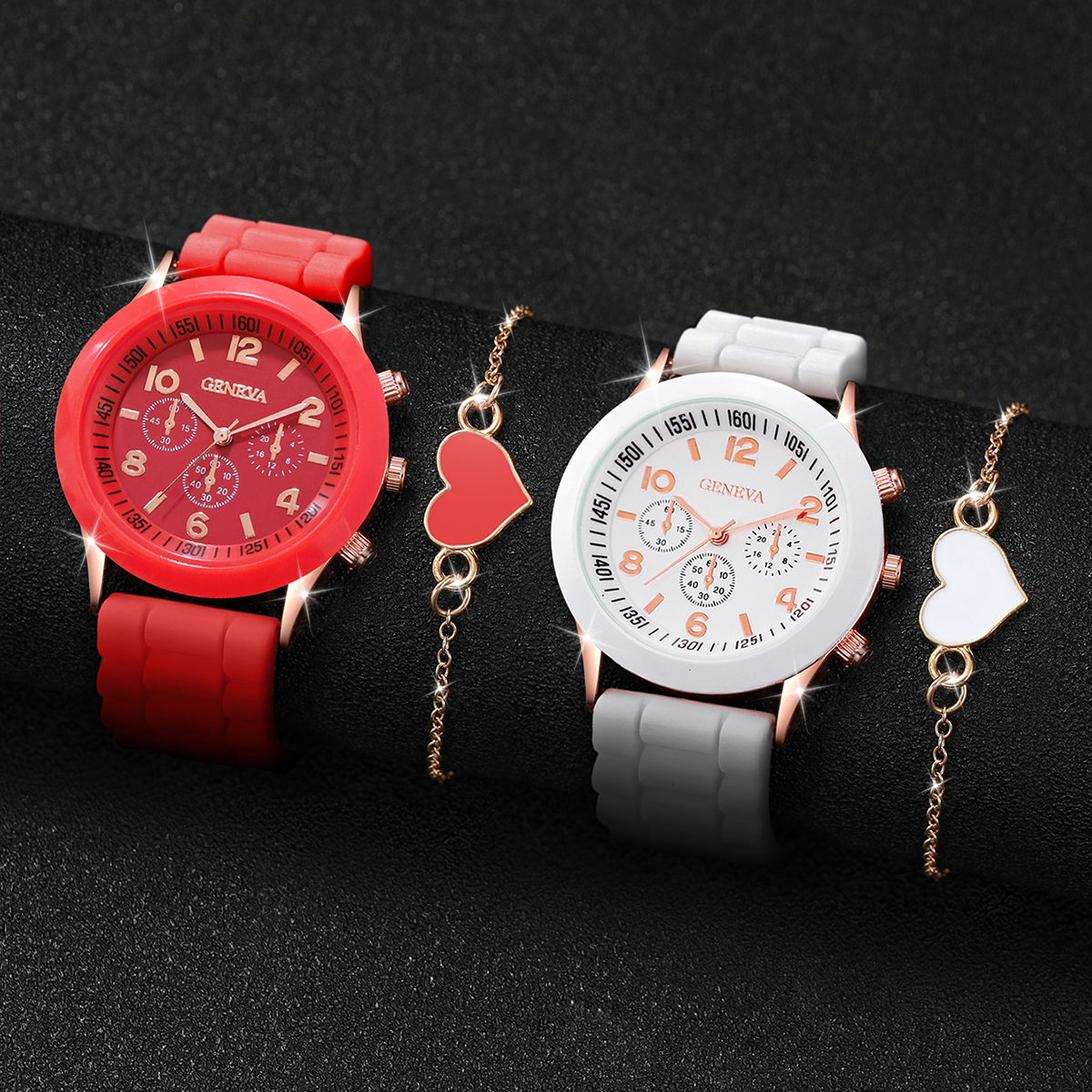 4 Stks/set Paar Horloges Mode Siliconen Band Vrouwen Quartz Horloge Hart Armband Set (Zonder Doos)