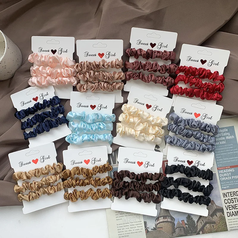 3PCs Silk Satin Small Scrunchies Set Solid Color Pleated Scrunchy Elastics Hair Ties Ponytail Holders for Women Hair accessories