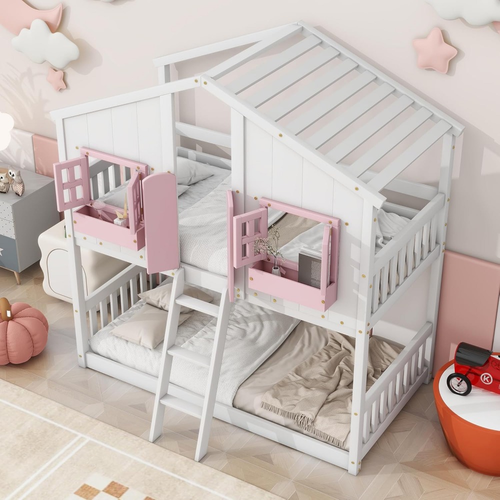 Floor House Bunk Bed with Roof and Window,Built-in Storage Box,Wooden Guardrails with Door/Ladder,Low Bunker Bed Twin Over Twin