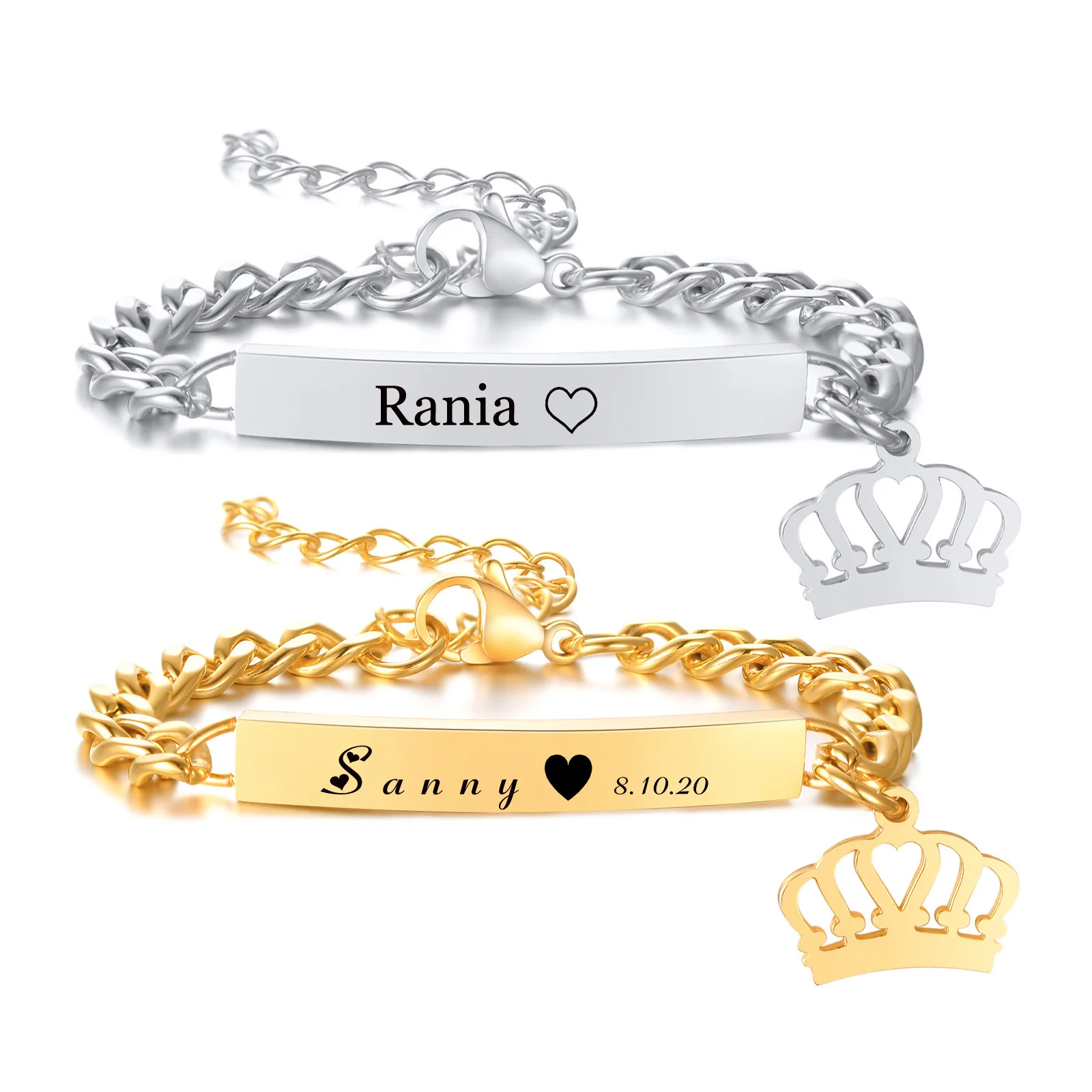 Pulseira de identificação com nome personalizado, presentes para meninos e meninas, pulseira de coroa de elo de corrente de aço inoxidável não alérgica