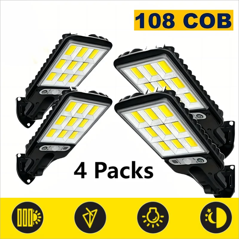 1/2/4Pack Solar Street Lights, 108 COB LED Outdoor Wall Lights with Remote Control and Motion Sensor, Adjustable 3 Modes 1000mah