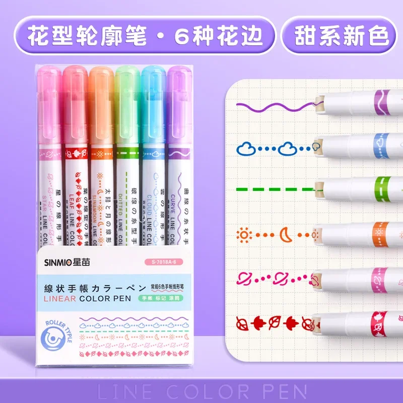 3/6Pcs/set Kawaii Flowers Line Shaped Highlighter Pens Roller Tip Curve Liner Marker for Writing Journaling Drawing Stationery