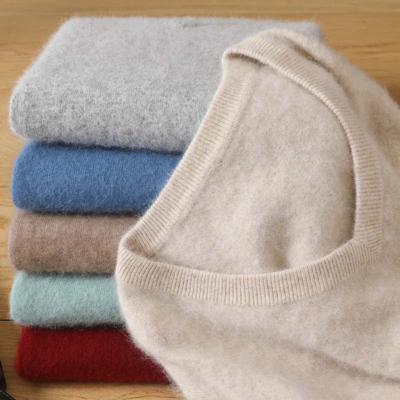 100% Pure Mink Cashmereเสื้อกันหนาวผู้ชายVคอPulloversถักขนาดใหญ่Minkเสื้อกันหนาวฤดูหนาวใหม่แขนยาวHigh-Endจัมเปอร์เสื้อ