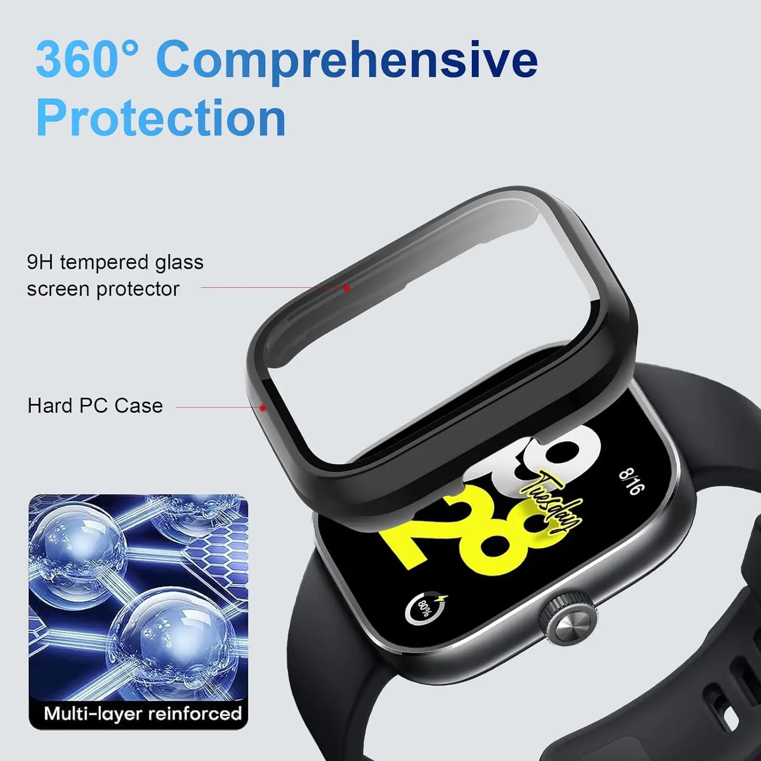 Glass+case for Xiaomi Redmi Watch 4 3, All-Around Screen Protector Hard PC Bumper Tempered Glass for Redmi Watch 3 Active/3 Lite