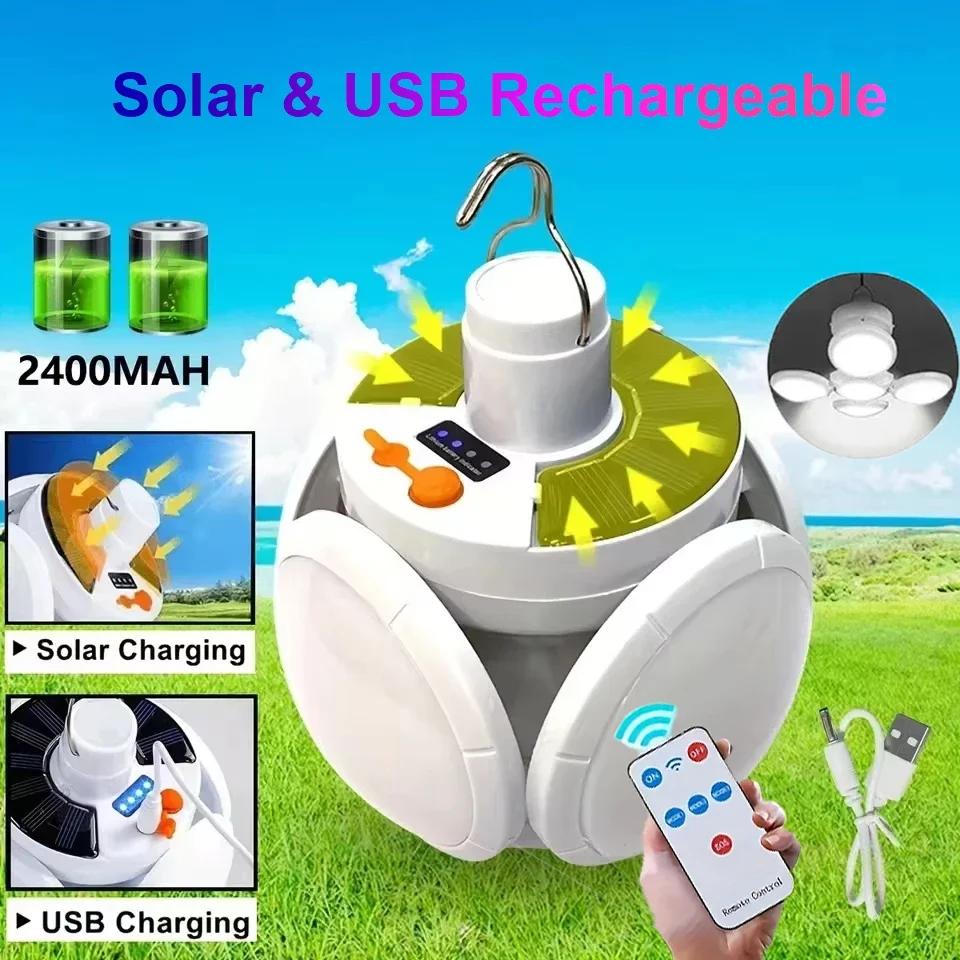 휴대용 야외 태양광 접이식 조명, USB 충전식 리모컨 LED 전구, 행잉 후크 비상 램프, 축구 전구