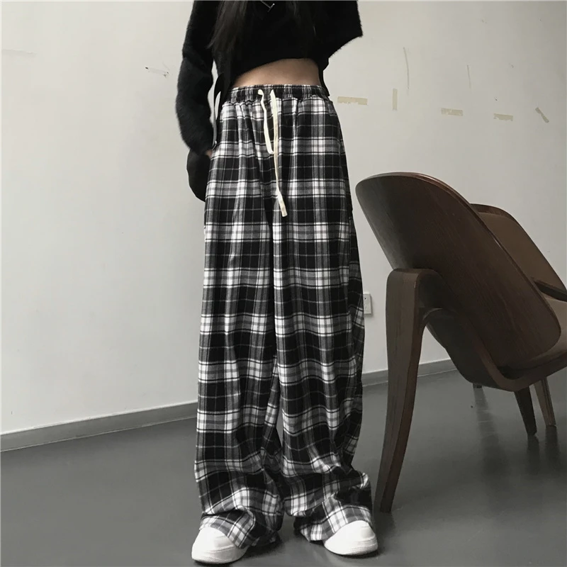 Pantalones de chándal de gran tamaño para mujer, pantalón informal a cuadros negros, holgado, con bolsillos de cintura elástica, Hip Hop, Unisex