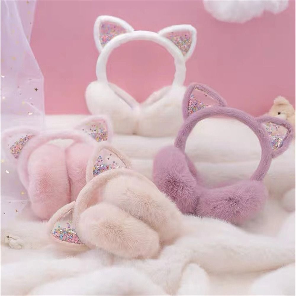 Orejeras con orejas de gato para mujer y niña, calentadores de orejas de animales de lentejuelas suaves y cálidos, orejeras de forro polar peludas para exteriores, cubiertas para los oídos de invierno