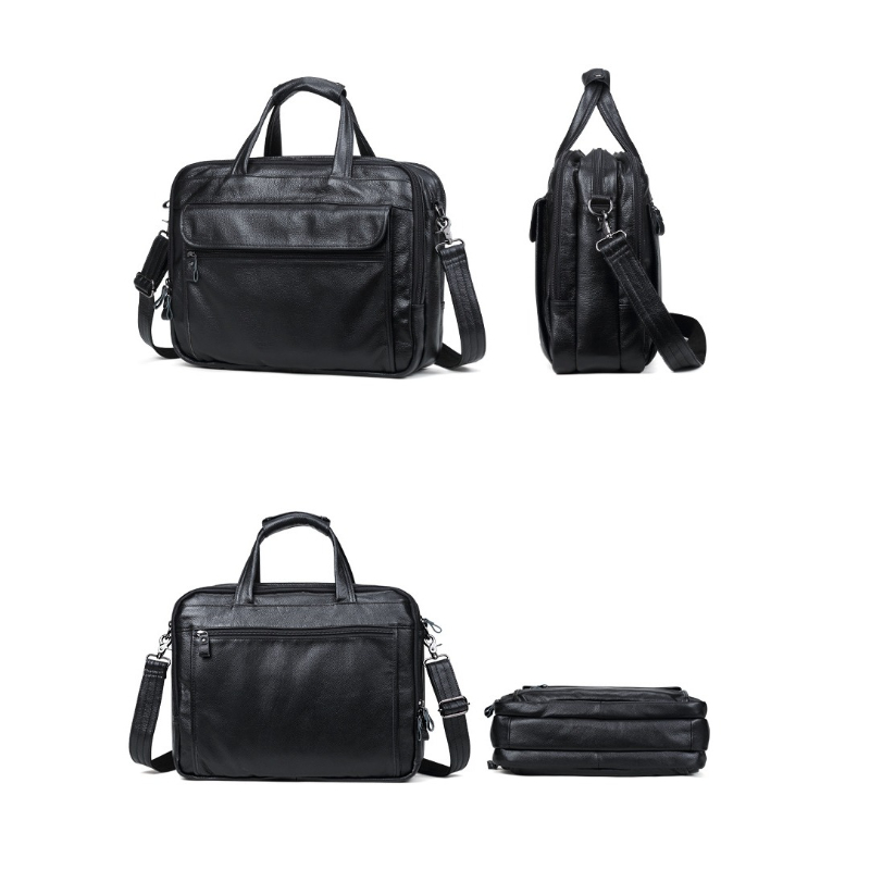 Black Genuine Leather Briefcase Men High End Quality Cowhide Designer Luxury Handbag Large Capacity 15.6" Laptop Shoulder Bag