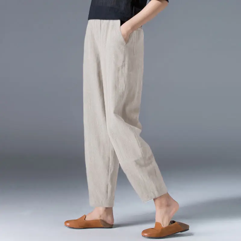 ผ้าฝ้ายกางเกงขากว้างหญิงหลวมขนาดใหญ่สีทึบ Harem ฤดูร้อน Casual Elastic เอวข้อเท้าความยาวกางเกงเสื้อผ้าผู้หญิง