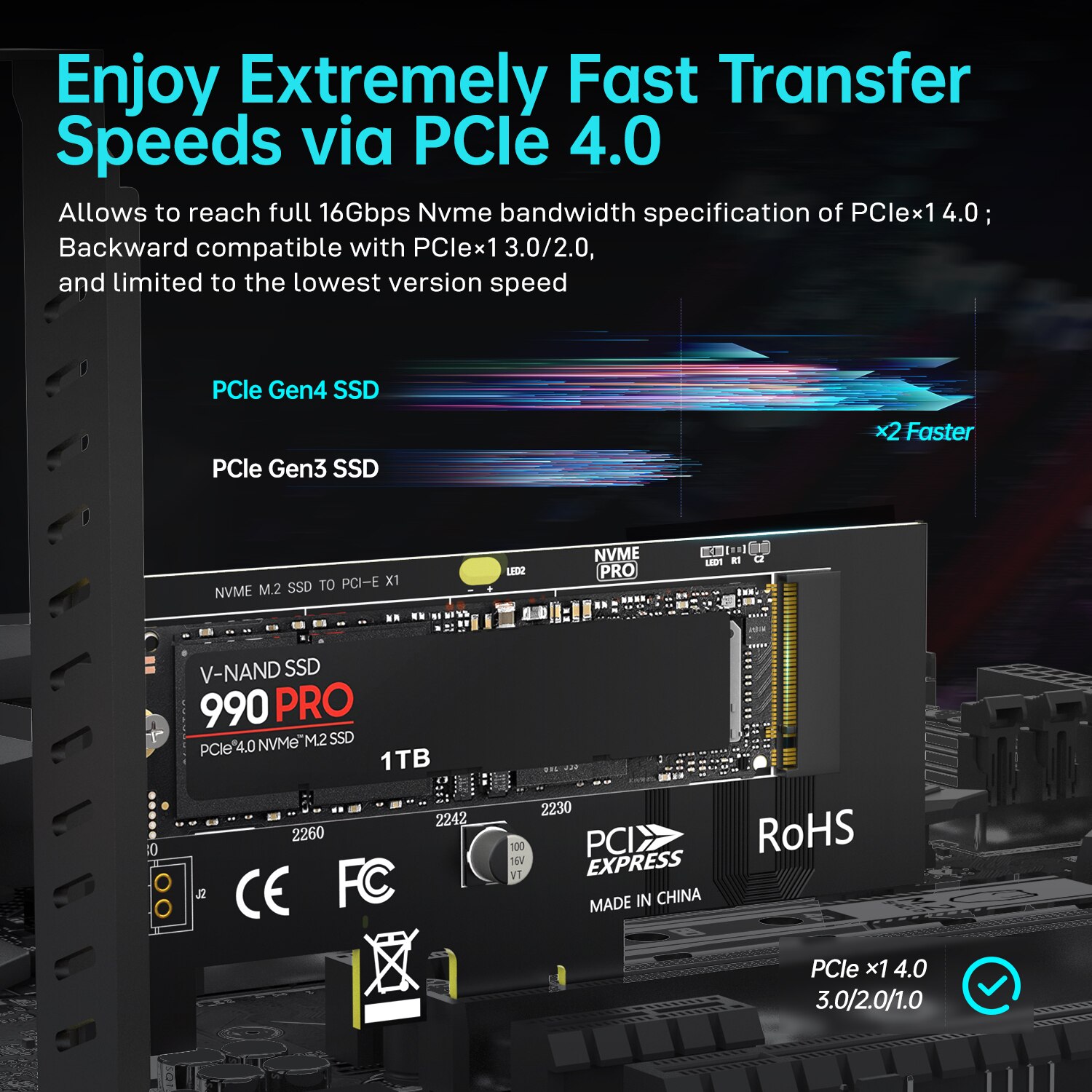 JEYI M.2 NVME SSD zu PCIE X1 Adapterkarte, 2280 SSD PCIe 3.0 4.0 Erweiterungskarte für Desktop-PC, PCI-E GEN4 16 Gbit/s Full Speed SK1
