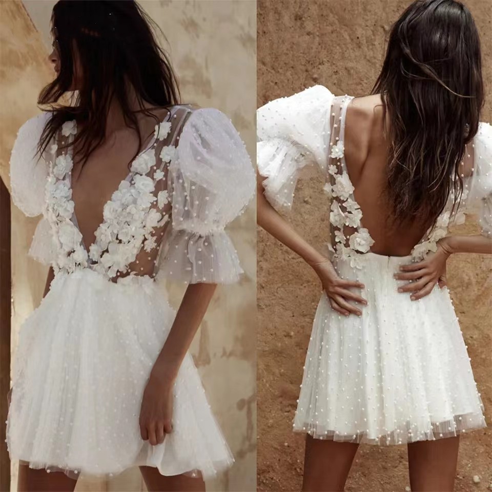 Abito da sposa corto personalizzato Scollo a V con mezze maniche Perle Fiori Mini abiti da sposa Abito da sposa formale sexy senza schienale