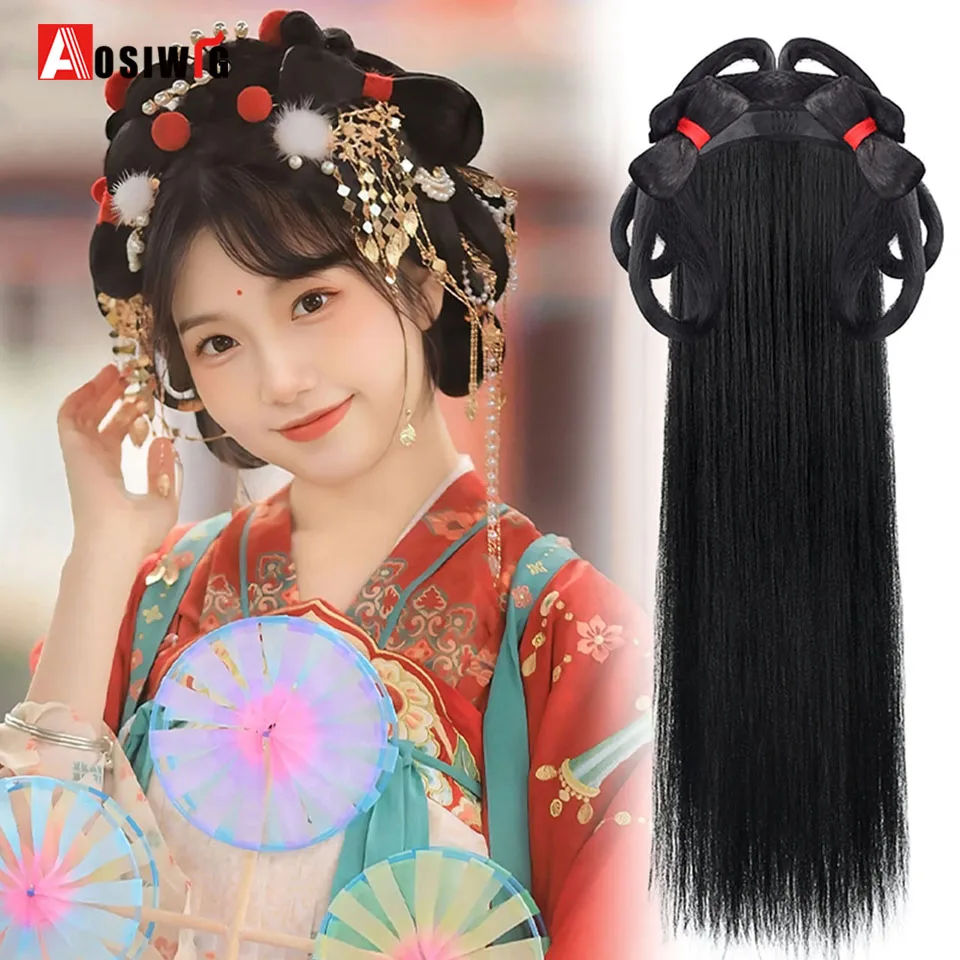 Peruca sintética chinesa antiga feminina, peruca hanfu, acessório de dança para fotografia, preto para mulheres, coque de cabelo integrado