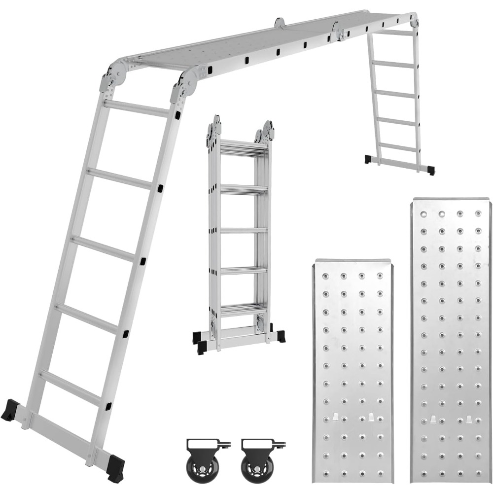 Échelle multi-usages en aluminium 470 cm Échelle pliante multifonctionnelle 4 x 4 m avec 2 plaques d'échafaudage et 2 roues, 12 marches, 7