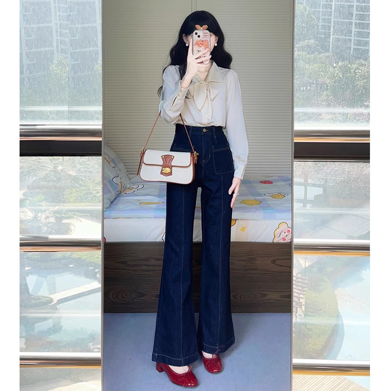 Deep Blue Retro Flared Jeans Women's Spring Autumn High Waist Bell Bottom Pants Drapey Wide Leg Floor Length Trousers