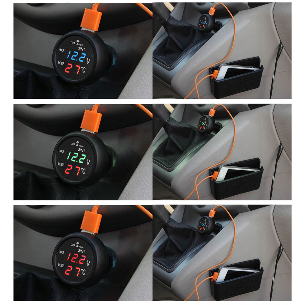 Carro Digital LED Display Voltímetro, Auto Medidor, Termômetro, Carregador USB, Monitor Display, Telefone, Tablet, GPS, Carregamento, 3 em 1, 12 V, 24V