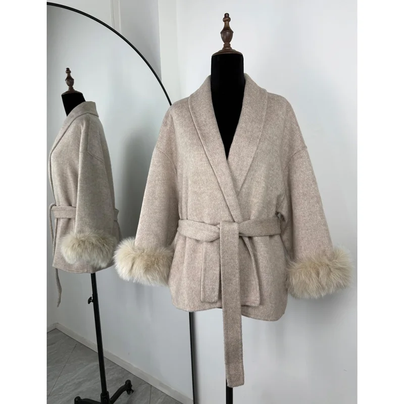 TARUXY Fuchspelz-Wollmäntel für Damen, kurzer Mantel, Bürodame, abnehmbarer, eleganter doppelseitiger Wollmantel, 2025, neue Strickjacke