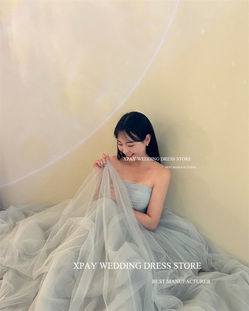 XPAY Simple Dusty Blue Soft Tulle เกาหลีชุดราตรีที่กําหนดเอง Strapless Lace Up ชุดราตรีงานแต่งงานถ่ายภาพความยาวชั้น
