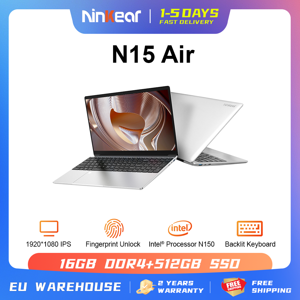 Ninkear Laptop N15 Air 15,6" FHD IPS 16 GB DDR4 512 GB SSD Intel N150 180 °   Flip mit Fingerabdruck-Entriegelung, Tastatur mit Hintergrundbeleuchtung, Windows11