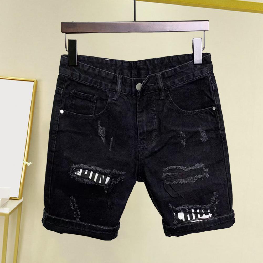 Summer Men Ripped Patchwork Denim Shorts Straight Button Zipper Pockets Shorts Knee-Length Denim Short Pants