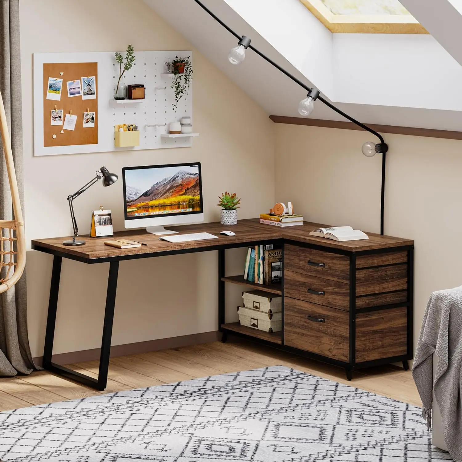 L-Shaped Computer Desk with 3 Drawers,Home Office Desk with Shelves, 53-Inch Industrial PC Desk for Small Space, Rustic Brown