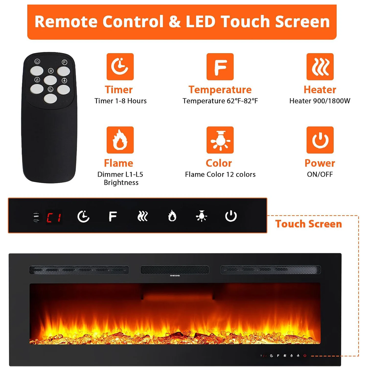 Lareira elétrica, 3 em 1 3D montada na parede com aquecimento de 1800 W/12 modos de cor LED com efeito de chama/controle remoto/temporizador de até 12 horas