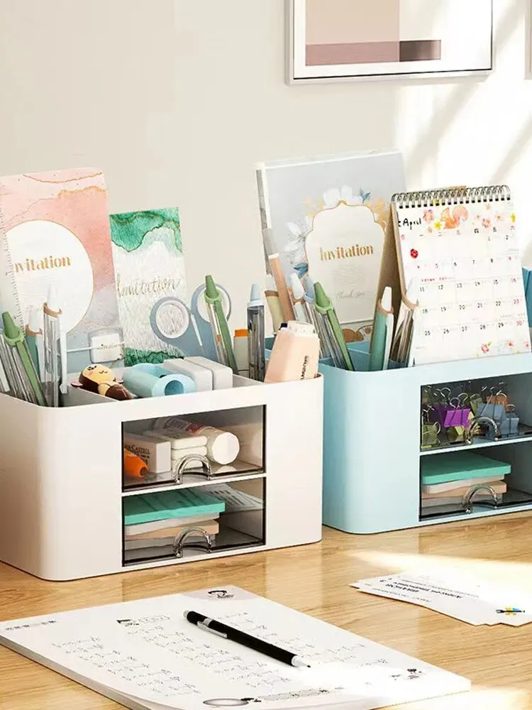 1PC ปากกา 2 ลิ้นชัก Multi-Functional ผู้ถือดินสอสําหรับผู้ถือโต๊ะกล่องเก็บสําหรับโต๊ะอุปกรณ์สํานักงานโต๊ะเครื่องแป้ง