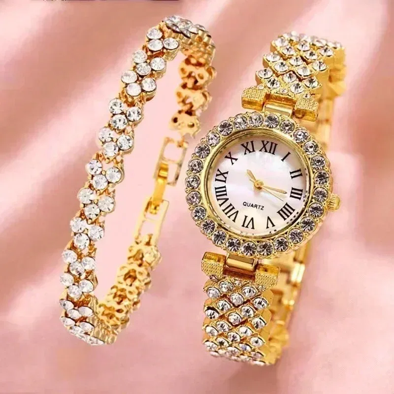 5 unids/set de reloj de cuarzo con incrustaciones de diamantes y patrón romano a la moda para mujer, accesorios de reloj de lujo versátiles de negocios a la moda