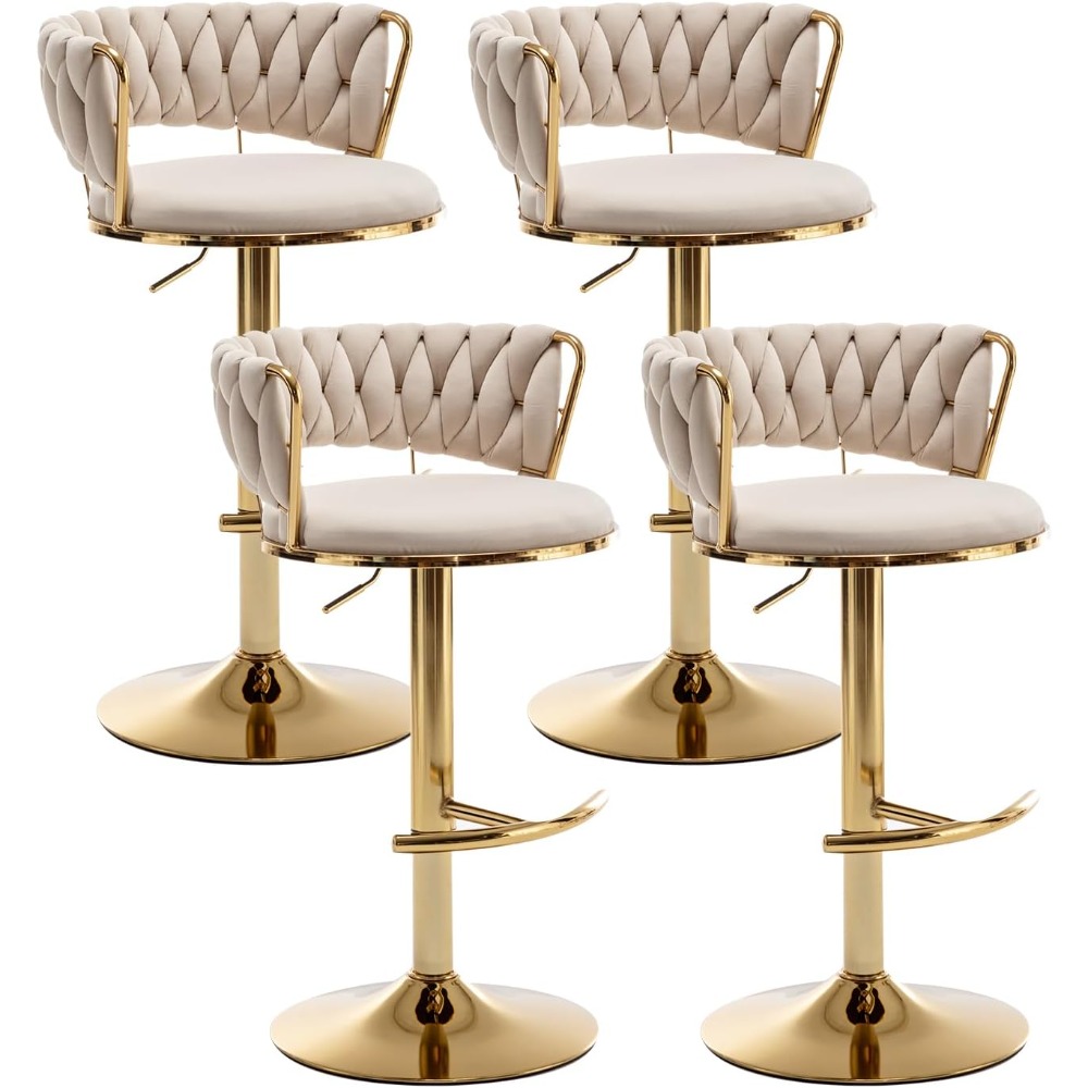 Gold Bar Stools Set of 4, Low Back Counter Height Bar Stools, Velvet Adjustable Height Bar Stools