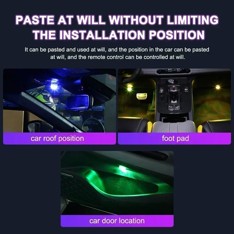 LED ภายในรถ Ambient Light รีโมทคอนโทรลตกแต่งหลังคาอัตโนมัติเท้าบรรยากาศโคมไฟไฟท้ายจักรยานไร้สายกาว