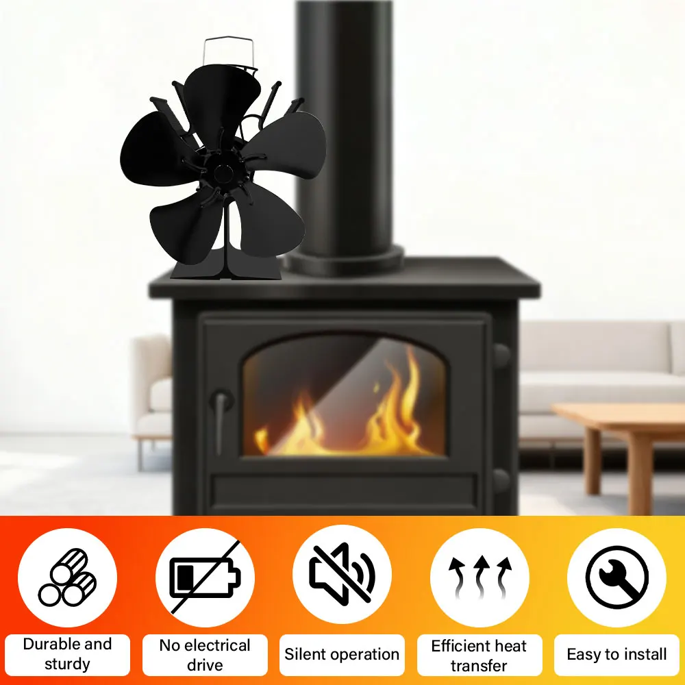 Ventilador de fogão movido a calor de 5 lâminas para lareira, queimador de madeira, ventilador ambiental silencioso, ferramenta aquecedora, distribuição de calor eficiente