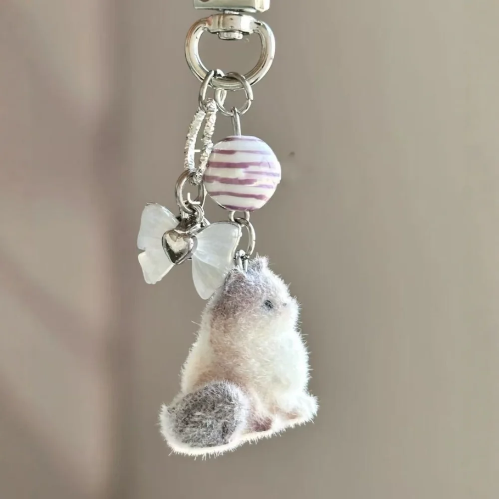 Cute Flocking Cat Small Pendant Keychain Meme Keyring Bag Earphone Keychain Pendants Decoration Keyrings Phone Chain Lanyard
