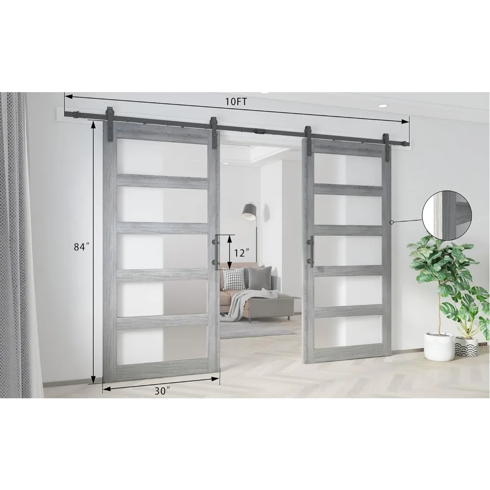 60in X 84in Double Glass Barn Door with 10FT Sliding Door Hardware Kit Included & Handle,5-Panel Frosted Glass Sliding Door