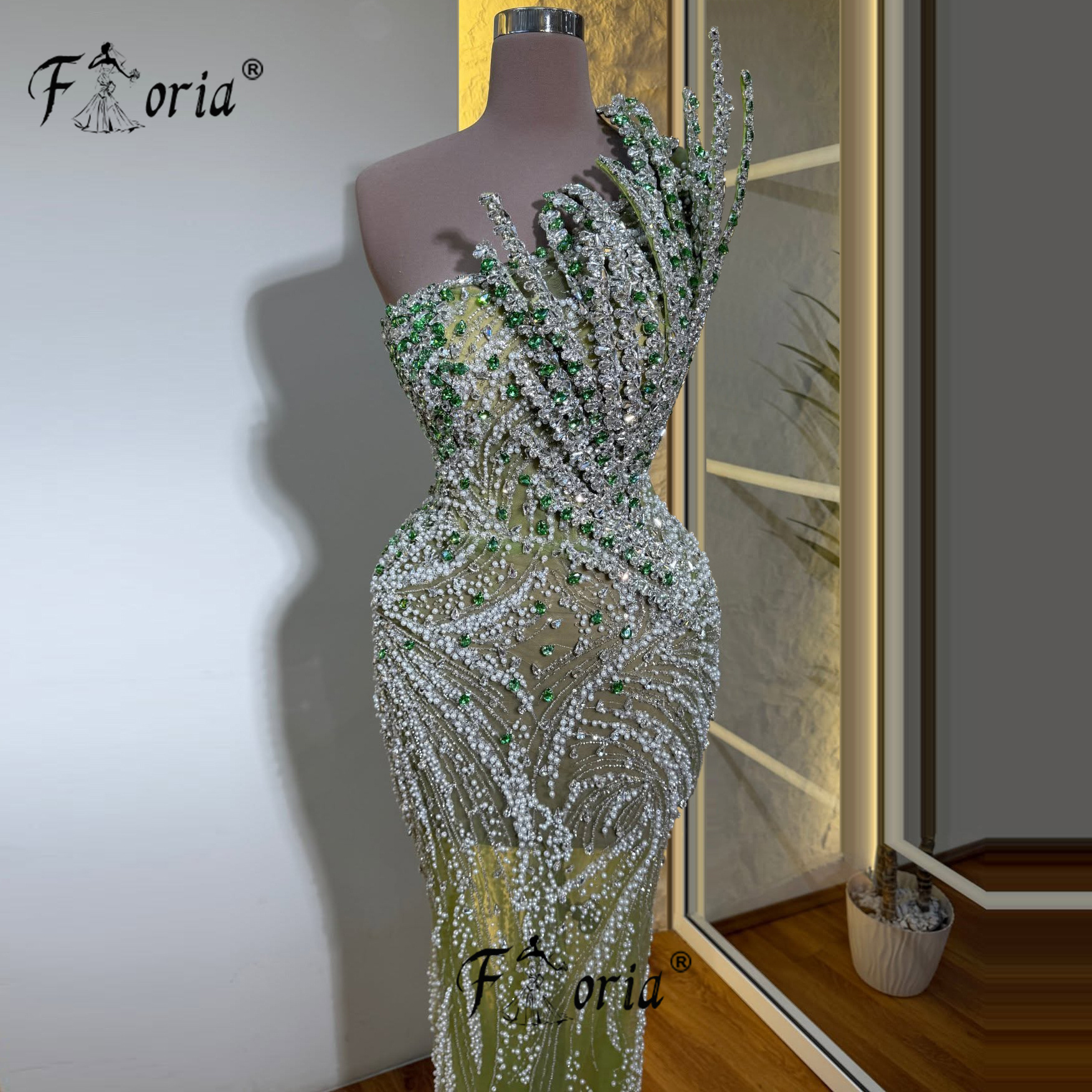 Verde sereia vestidos de noite cristais frisados 3d apliques vestido de baile preto meninas formal vestido de festa feito sob encomenda 2025 robe soiree
