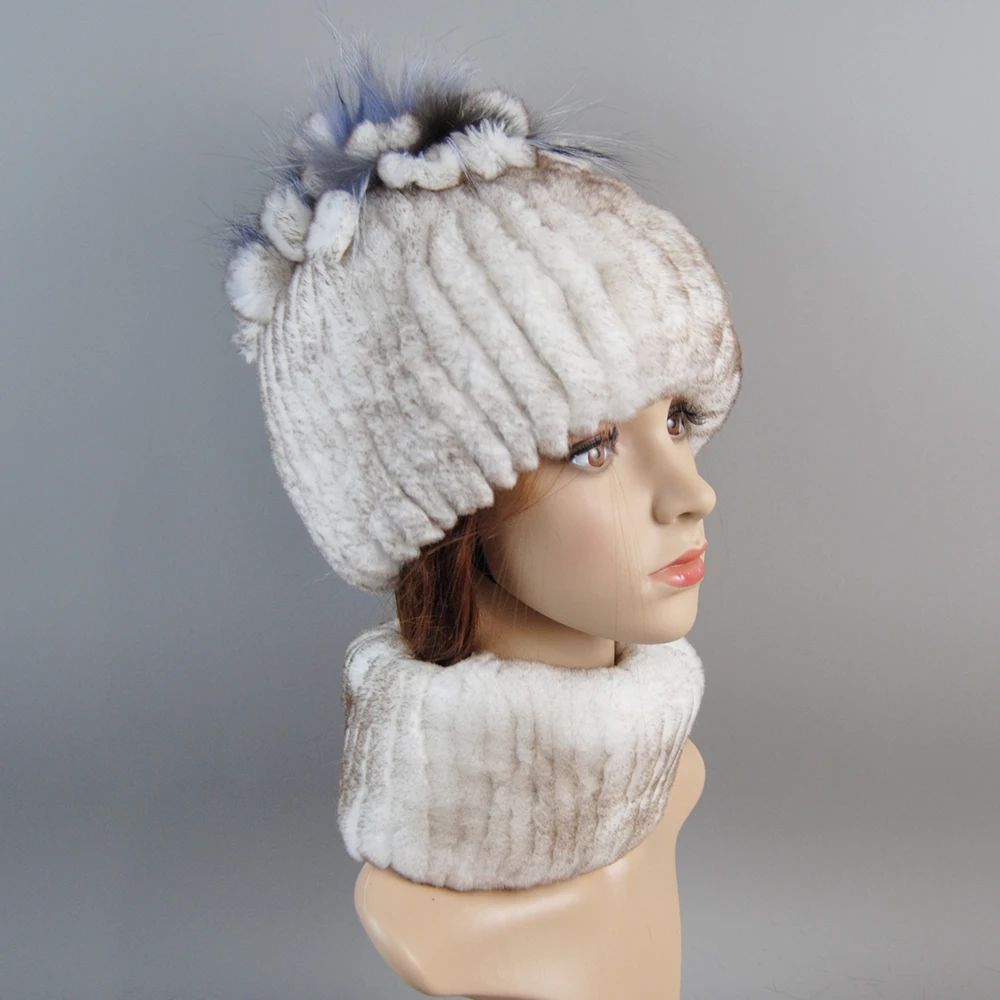 Signore Reale Rex Pelliccia di Coniglio Sciarpa Cappello Set Buon Elastico Inverno Donne Caldo Naturale Rex Pelliccia di Coniglio Silenziatore Cap Sciarpe di Pelliccia Reale Cappelli