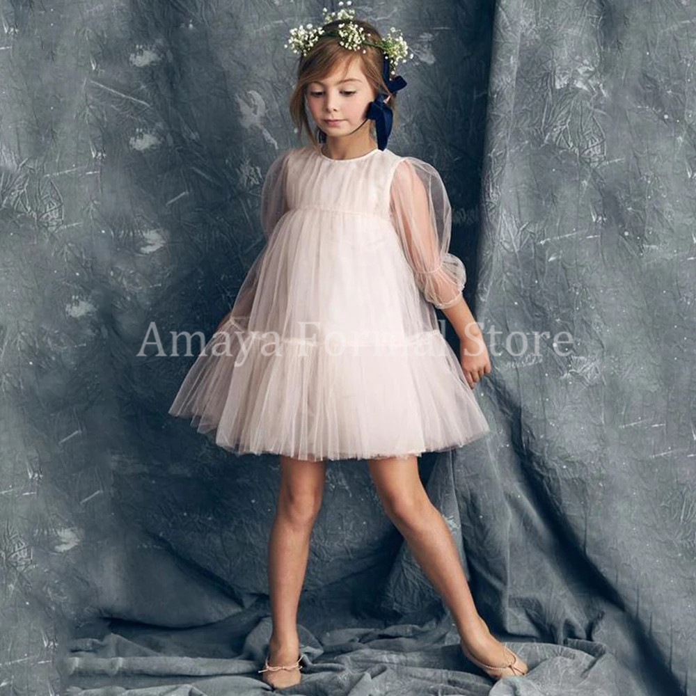 Geschwollene Tüll Blumen mädchen Kleider lange Ärmel Erstkommunion Kleider Rüschen Kinder Abschluss ball Kleid Geburtstags kleid