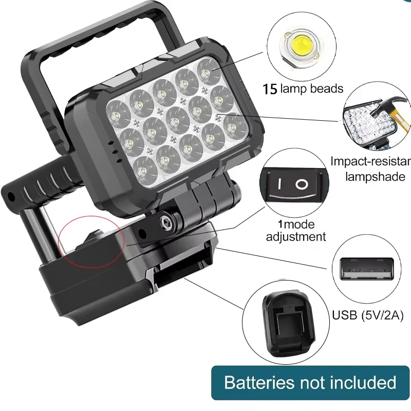 LED Work Light for Makita 18V Battery Flashlight Portable Flood Lights Cordless Batteries Lamp with USB Port Outdoor Emergencies