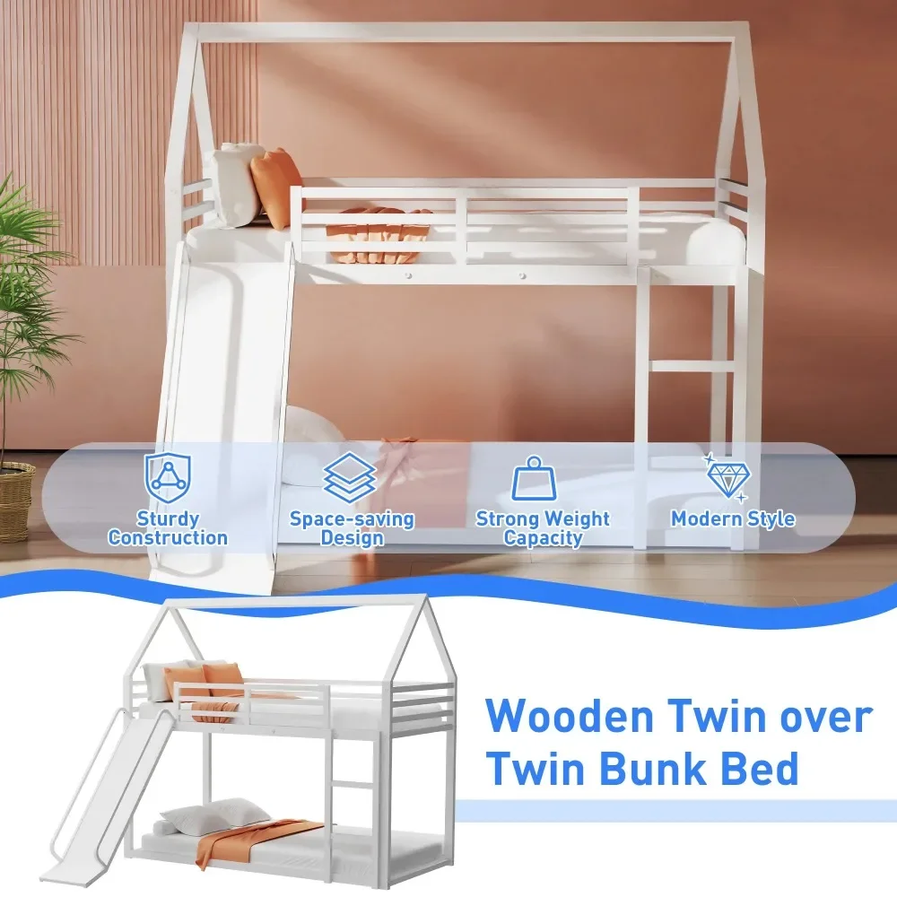 Twin Over Twin Metal Floor Bunk Bed with Slide, Metal Junior House Twins Size House Bunk Bed Frame with Ladder&Roof for Boy Girl