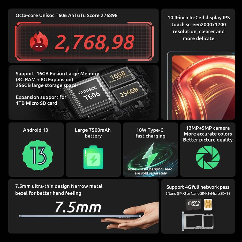 BMAX MaxPad I11 Plus 16 go (8 go de RAM + 8 go d'extension) 256 go de ROM 10.4 pouces Octa Core T606 Soc Android 13 double Wifi 4G Lte tablette SIM
