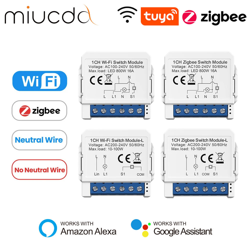 MIUCDA Tuya WiFi Zigbee módulo de interruptor de luz inteligente interruptor de conmutación Neutral/sin Control de cable neutro funciona con Alexa Google Home