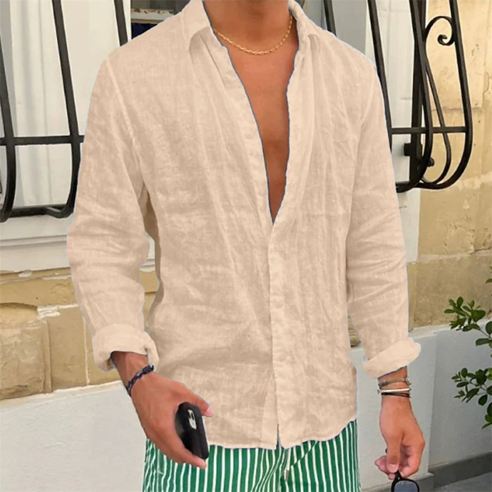 Camisa de lino y algodón para hombre, Tops informales de manga larga de Color sólido con solapa ajustada, estilo básico, transpirables, con botones, primavera y otoño