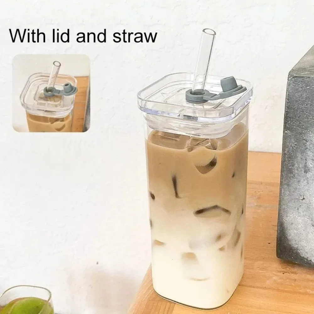 1 pçs quadrado resistente ao calor xícara de vidro café com tampa e palha transparente leite chá suco copos caneca café para casa barra drinkware