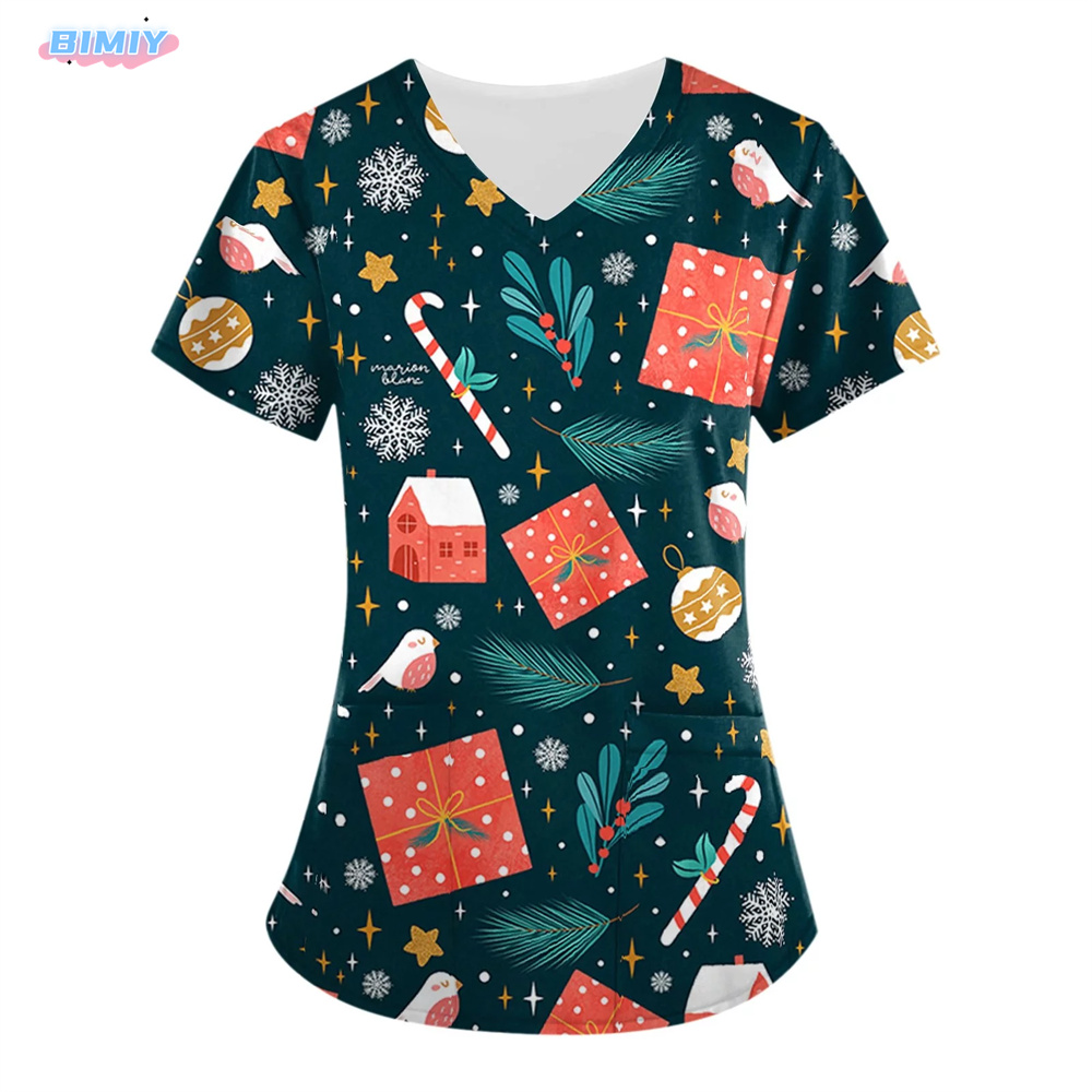 Mulheres Decote em V Manga Curta Médica Scrub Top com Bolsos, Esticar Scrubs, Uniforme de Enfermagem, Anti-Rugas Scrubs, Natal Mulheres Scrubs