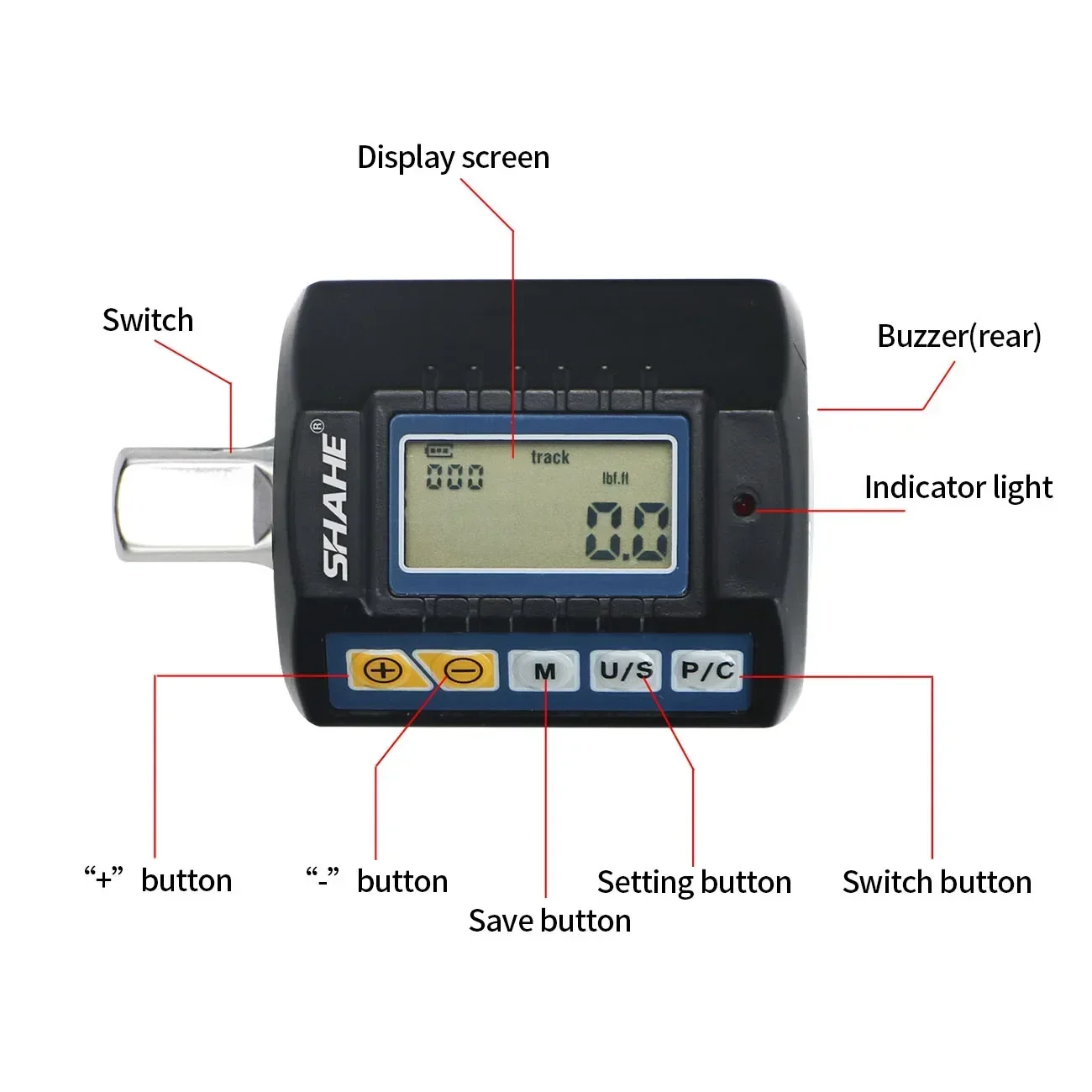 SHAHE Llave dinamométrica digital 1/2 '' Llave dinamométrica electrónica ajustable Juego de bicicletas Reparación de automóviles Bicicleta