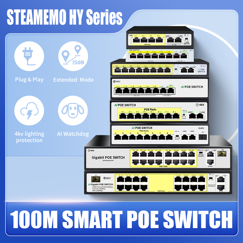 STEAMEMO HY Series 8 puertos 48V POE Switch 100M 90W Fuente de alimentación externa adecuada para cámara IP/AP inalámbrica