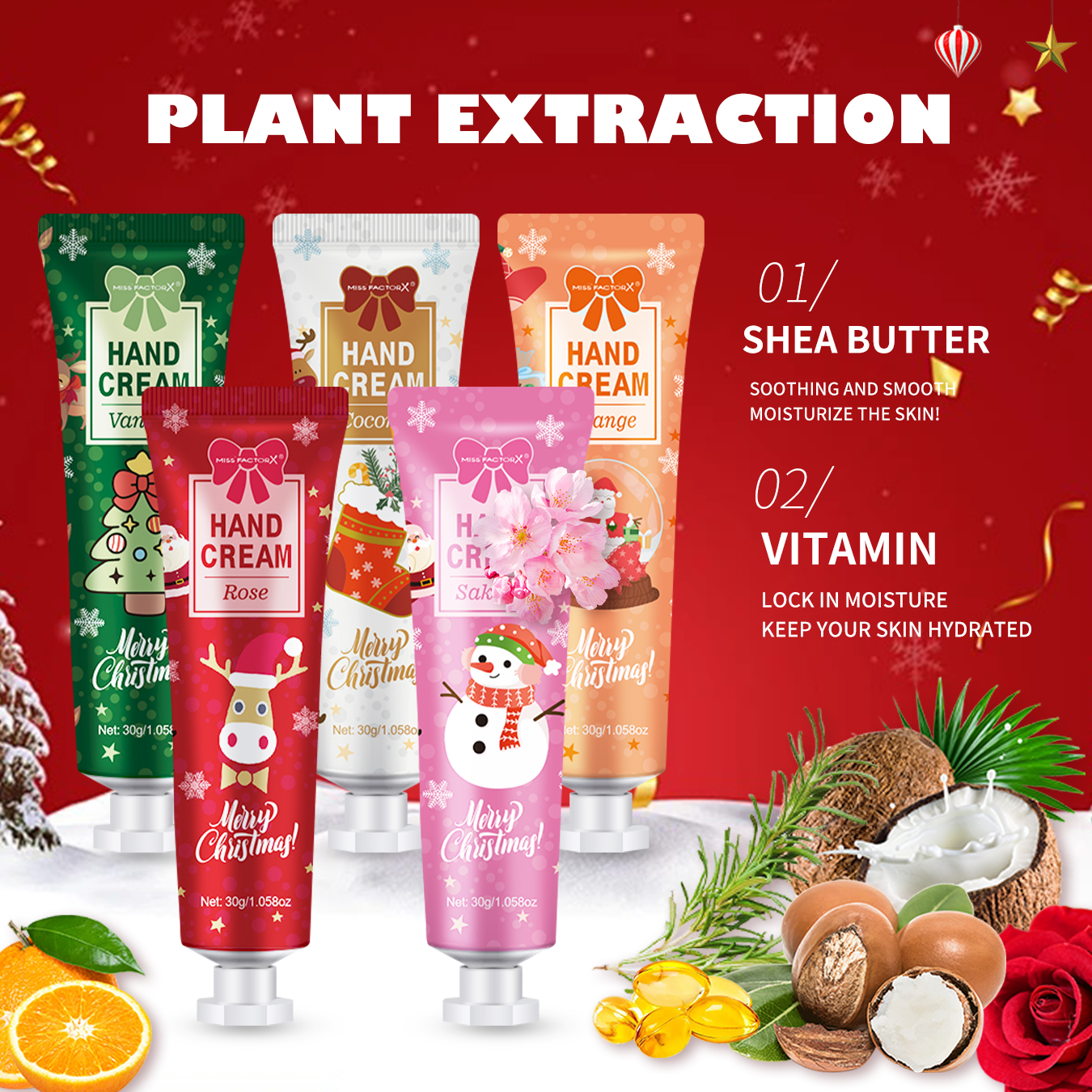 여성용 크리스마스 선물 핸드크림 세트, 크림 질감, 핸드크림 여행 팩, 내구성 moisturizer-30g/조각 선물, 상자 당 5 개